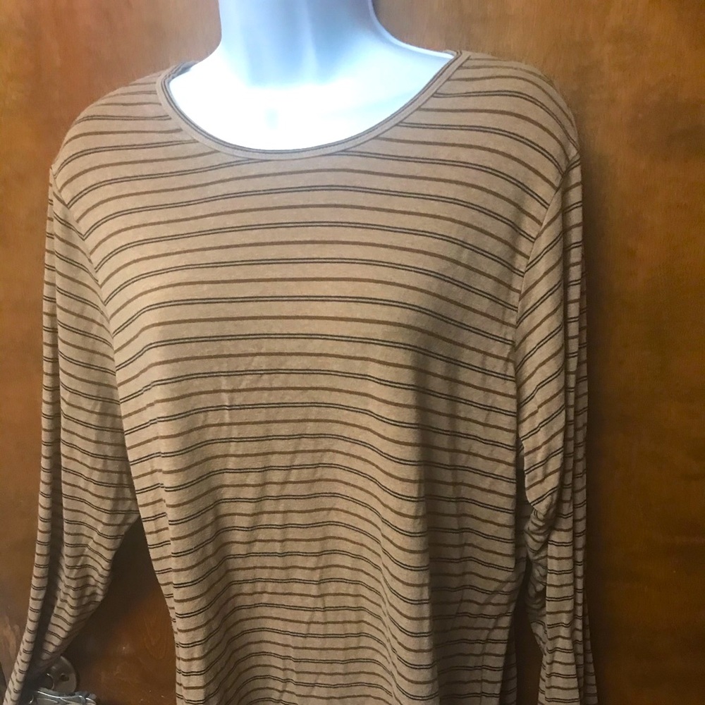 L.L. Bean long sleeved T-shirt in black, brown stripes on lighter heather brown